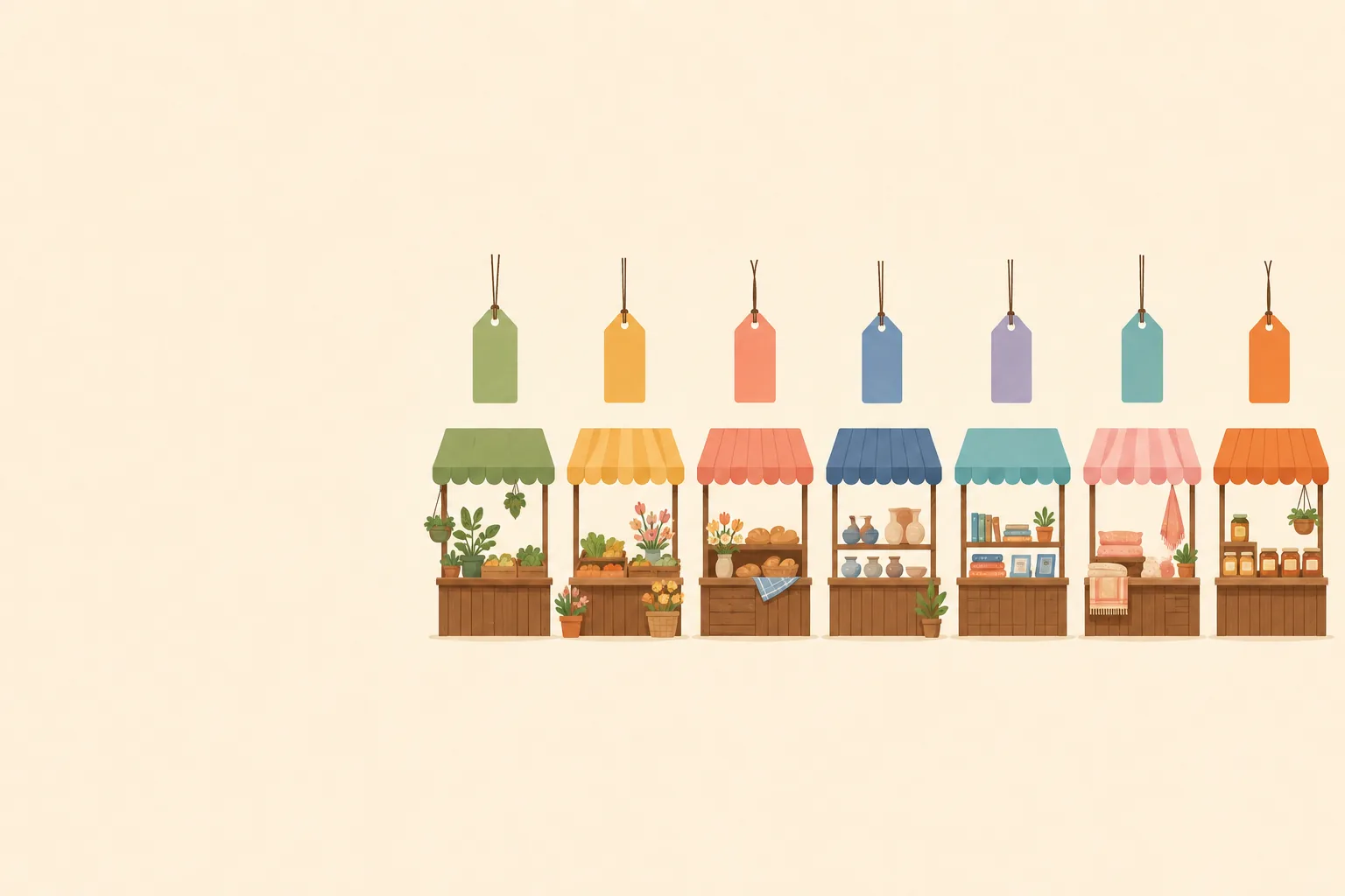 A row of six small illustrated market stalls, each with a hanging price tag